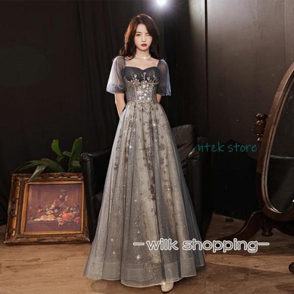 カラードレス カクテルドレス ロングドレス パーティードレス 発表会 演奏会 ステージ 袖付き イブニングドレス グレー シルバー ラメ キラキラ 上品 カラードレス カクテルドレス ロングドレス パーティードレス 発表会