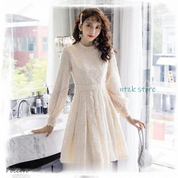 【送料無料】ワンピース レディース Aライン プリーツ ミディアム丈 膝丈 きれいめ フォーマル 大人 シンプル レース  ワンピ 長袖 大きいサイズ 結婚式 ワンピース レディース きれいめ 総レースワンピース 春 秋 冬