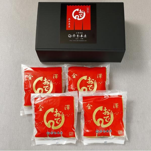 【セット内容・内容量（約）】金澤おでん5種5個：約400ｇ×4個セット：1パックあたり（にぎすつみれ、海老しんじょ、赤玉ばくだん、車麩、肉いなり×各1、出汁200ｍｌ）　【賞味期限】出荷日より90日【配送温度帯】冷凍便　　【加工地】石川県【...