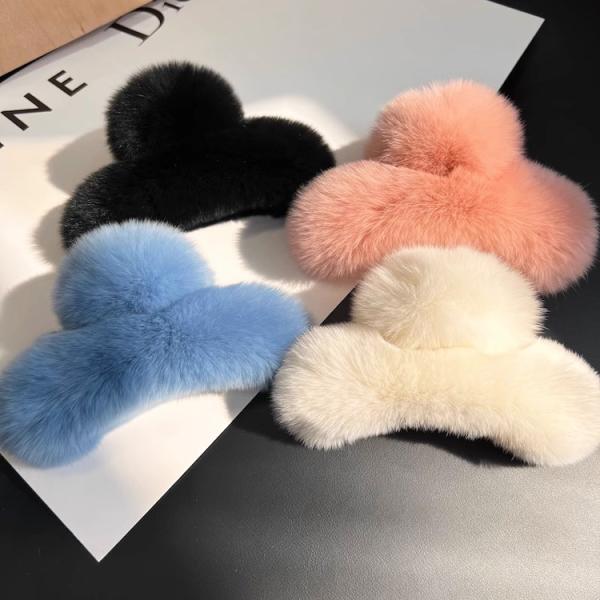 JSfashion ヘアークリップ 全16色 フィックラビット 15cm エコファー ふわふわ もこもこ バンスクリップ 上品 ヘアアクセサリー 大きめ 黒 髪留め  acc00004
