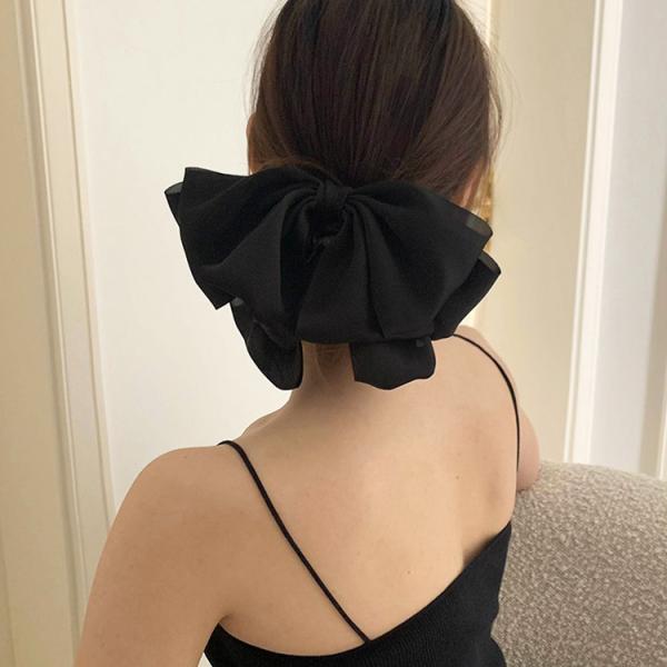 バレッタ リボン ビッグリボン ヘアアクセサリー 大きめ 黒 結婚式 成人式 謝恩会 髪留め 髪飾り 上品 エレガント パーティー お呼ばれ