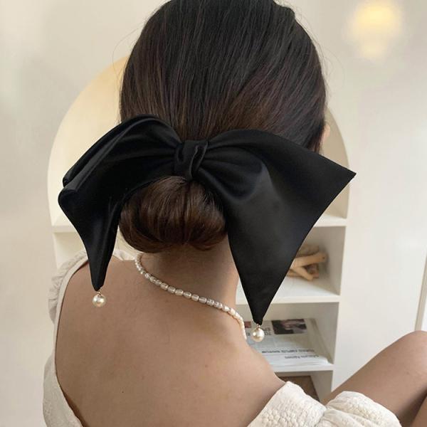 バレッタ 全2色 サテン パール付き リボン オフィス ヘアアクセサリー 大きい 大きめ 黒 結婚式 成人式 謝恩会 髪留め ヘッドアクセサリー  acc00093　 ヤマト