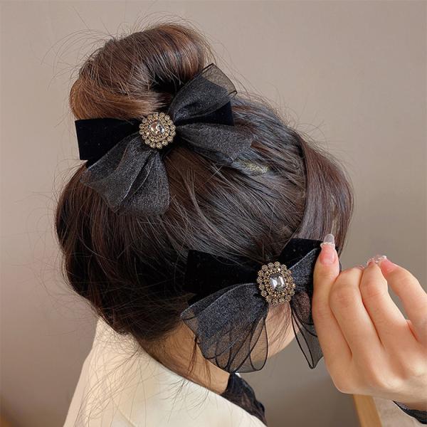 バレッタ リボン ベロア オーガンジー風 ビジュー 黒 上品 エレガント ヘアアクセ 髪留め 髪飾り パーティー 結婚式 成人式 フォーマル レディース ギフト