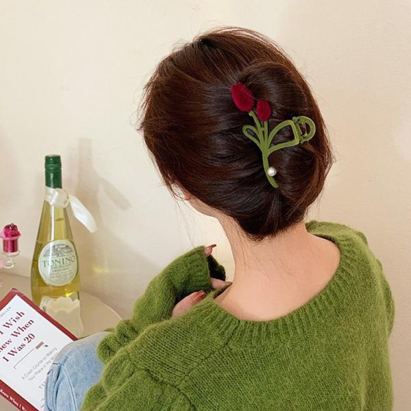 ヘアクリップ チューリップ型 バンスクリップ パール付き ベロア ヘアアクセサリー 大きい 大きめ 黒 韓国  母の日 ギフト 謝恩会 髪留め  acc00172　 ヤマト