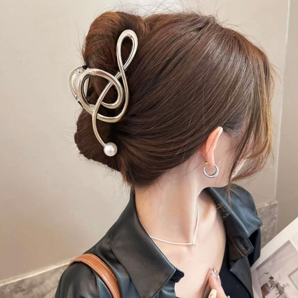 JSfashionヘアクリップ 全2色 音符型 音楽 パール付き ヘアアクセサリー 大きい 大きめ ビッグサイズ バンスクリップ 成人式 謝恩会 髪留め acc00177