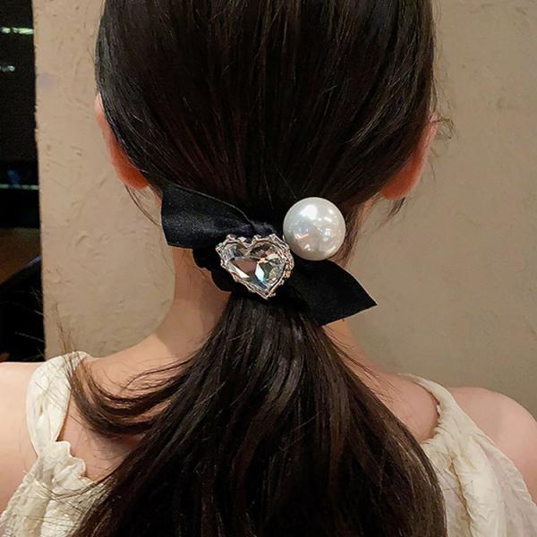 ヘアゴム 全2色 単品 パール付き シュシュ ハート ビジュー 黒 ヘアアクセサリー 髪留め ヘッドアクセサリー パーティー 可愛い キュート acc00180　 ヤマト