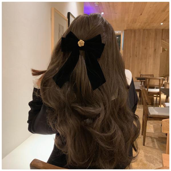 リボンバレッタ ベロア フラワーモチーフ 蝶々 ヘアアクセ 大きめ 黒 結婚式 成人式 謝恩会 卒業式 入学式 上品 エレガント レディース