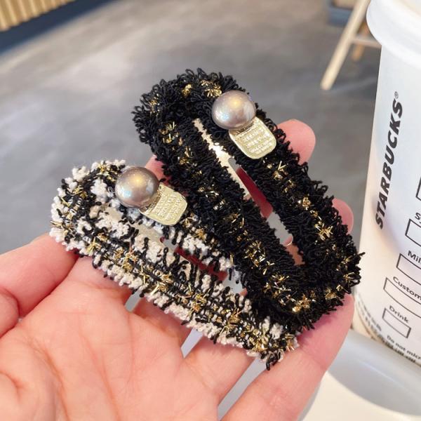 ヘアピン・ツイード風・パール付き・白・黒・髪留め・髪飾り・上品・エレガント・フォーマル・パーティー・結婚式・成人式・レディース・韓国