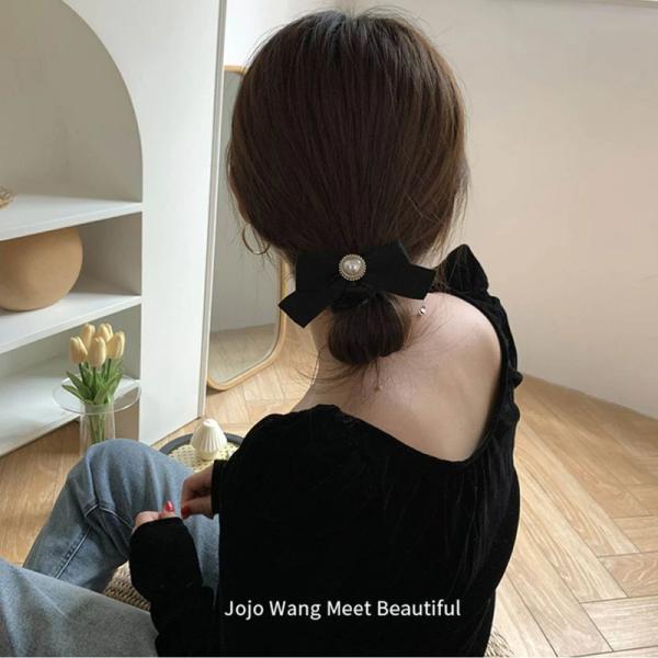 ヘアゴムパール付きリボン黒小さめヘアアクセサリー普段使いお呼ばれパーティーオフィス可愛い韓国風アップスタイル髪留めレディース母の日ギフト