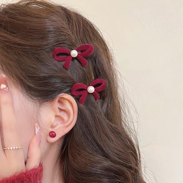 ベロアリボン ヘアピン 全2色 ヘアクリップ パールビジュー