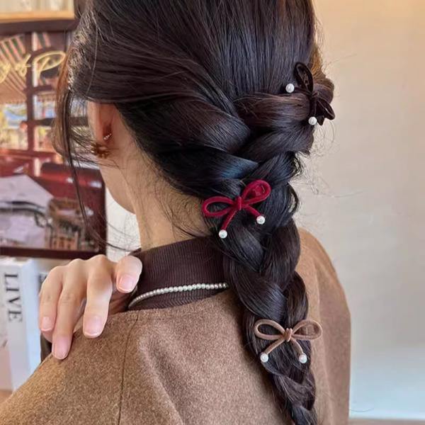 ヘアピン ベロアリボン 全3色 ヘアクリップ パールビジュー 小さめ 小さいリボン 普段使い