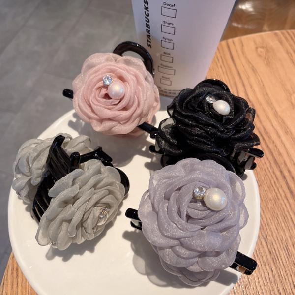 ローズモチーフ ヘアクリップ 4色展開 ビジュー パール 大きめ ヘアアクセサリー レディース パーティー 飾り ヘッドドレス ブラック ピンク グレー グリーン