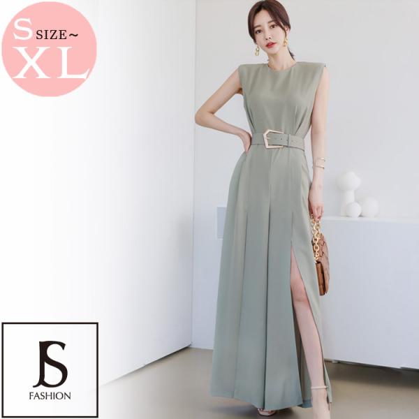 パンツドレス オールインワン スリット入り パーティードレス ワイドパンツ ロングパンツ つなぎ ノースリーブ マキシ丈 きれいめ JSfashion