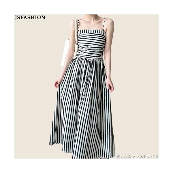 ロングキャミワンピース ストライプ リゾートワンピ マキシ丈 Aライン フレア 背中シャーリング シワ加工 夏 白黒 きれいめ カジュアル  （全角79文字）