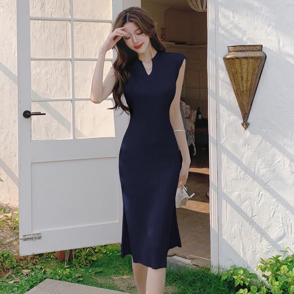 JSfashionワンピース タイト ワイドリブ 全3色 キーネック ノースリーブ リブニット   サイドスリット ミディアム丈 膝丈 オフィスカジュアル