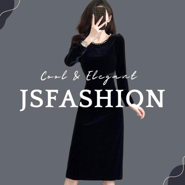 ベロアワンピ パールネック タイトワンピ 無地 パーティードレス 長袖