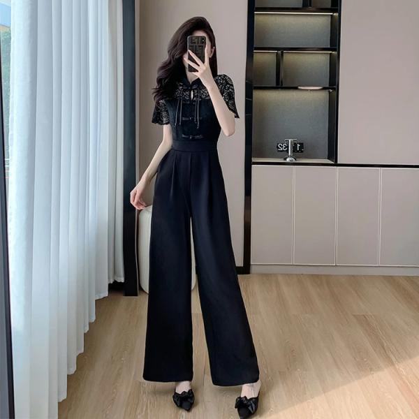 パンツドレス 結婚式  レース  ウエストマーク オールインワン 半袖 ロングパンツ フレア きれいめ かっこいい オケージョン お呼ばれ 同窓会 春夏秋冬