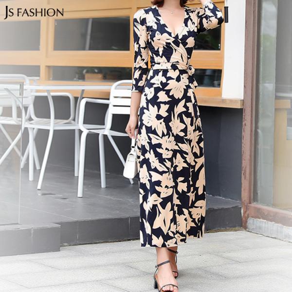 JSfashionカシュクールワンピース 花柄ワンピース 総柄プリント ロングワンピース ロング丈  マキシ丈  リゾートワンピ マキシワンピース JSfashion