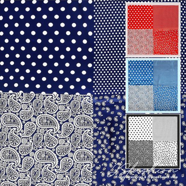 大判スカーフ 60×60cm 全4柄 4WAY シルク調 正方形 ペイズリー 水玉 ドット 赤 黒 青 バッグスカーフ リボン ヘアアレンジ 母の日 ギフト プレゼント