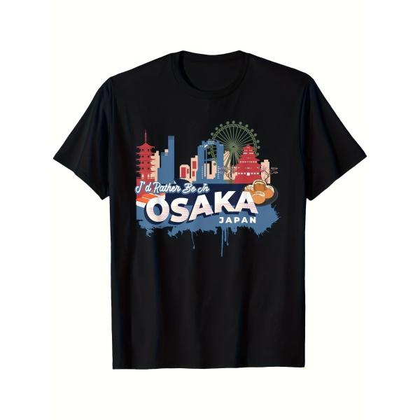 メンズ レディース 大阪観光半袖 T シャツ I'd Rather Be In OSAKA 大阪シティスカイライン たこ焼き・観光名所イラスト ブラック 綿 100% 旅行お土産