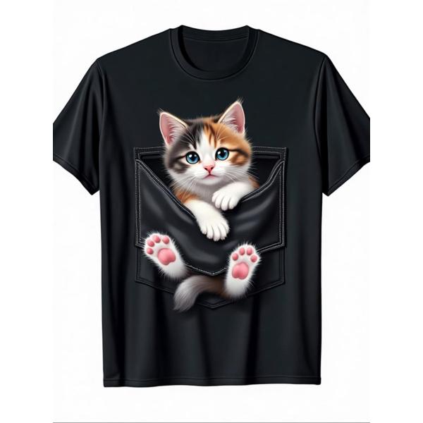 ユニセックス トラ猫ポケットTシャツ 肉球プリント ブラック 半袖 ラウンドネック ゆったり 綿100% ヴィンテージ 猫好きギフト S-3XL