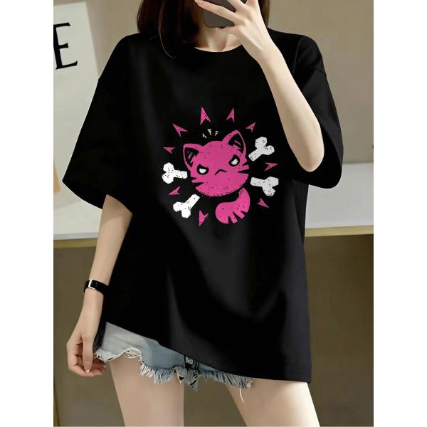 レディース 怒ってる猫Tシャツ かわいいアニメ子猫 半袖 ラウンドネック ルーズフィット ソフト 通気性 春夏 ストリート 洗濯機可 S-3XL