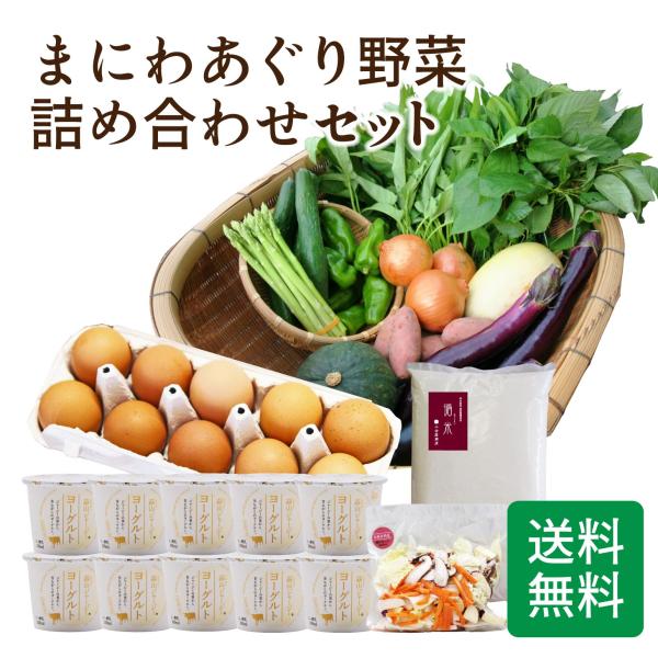 真庭産旬の野菜9品 カット野菜1品 ヨーグルト100ml×10(賞)14日 平飼い卵10個(賞)10日 循米きぬむすめ5kg