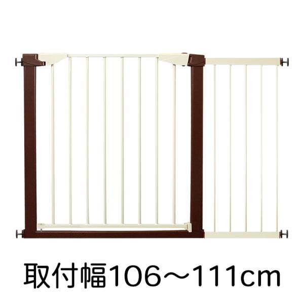 取付幅106〜111cmに対応、設置に必要なパーツがすべてセットになっています。＜主な特徴＞かんたん設置（つっぱり式）、オートクローズ、扉開放、ダブルロック■商品名シンプルベビーゲートSTプラス＋サイドパネル30■カラーブラウン×アイボリー...