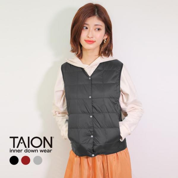 インナー ダウンベスト Vネック ボタン レディース レッド グレー ブラック TAION タイオン スタッフサック付き taion-001w
