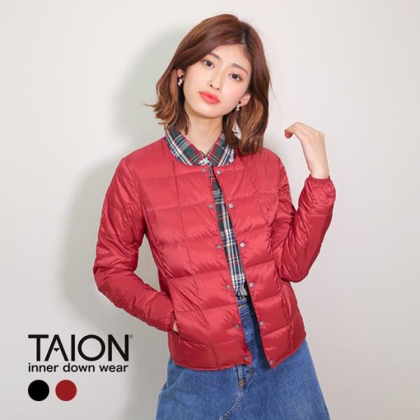 インナー ダウンジャケット クルーネック ボタン レディース レッド ブラック TAION タイオン スタッフサック付き taion-104w