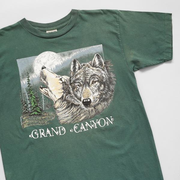 中古 USA製 アメリカ製 US古着 アニマル オオカミ プリント Tシャツ Lサイズ グリーン 古着 UR-0287