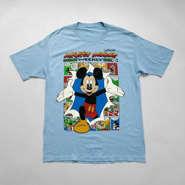 中古 ディズニー Disney ミッキーマウス キャラクター プリント Tシャツ ライトブルー 水色 古着  UR-0435