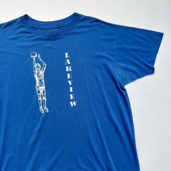 中古 80s 80年代 ヘインズ Hanes バスケットボール レトロ シングルステッチ プリント Tシャツ XLサイズ ブルー 青 ヴィンテージ 古着  UR-0436