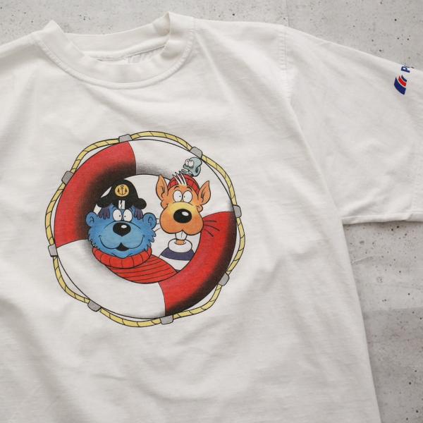 中古 90s 90年代 キャプテン・ブルーベア ポストバンク キャラクター イラスト Tシャツ プリント バックプリント Mサイズ ホワイト 白 古着  UR-0524