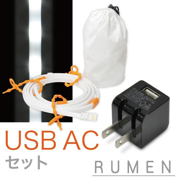 ((USB 充電器付))RUMEN ルーメン LEDワイヤーライト USB 昼光色+ USB AC 黒 セット・アウトドアに最適 ランタンとしても使えます