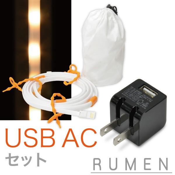 ((USB充電器付))RUMEN ルーメン LEDワイヤーライト USB 電球色+ USB AC 黒 セット・アウトドアに最適 ランタンとしても使えます
