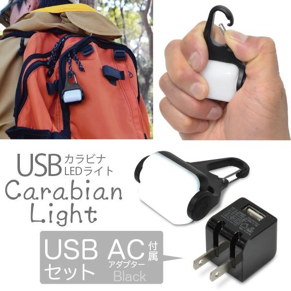 ((USB 充電器付))USB カラビナLEDライト Carabian Light + USB AC 黒 セット