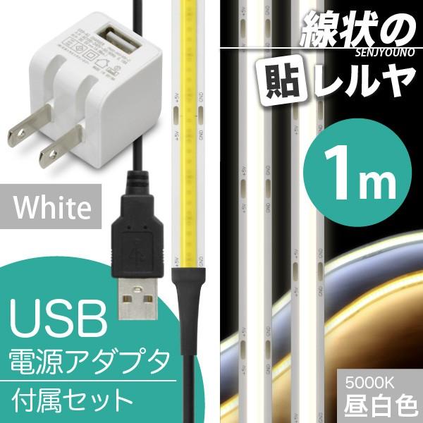 ((USB AC電源付)) LEDテープライト (一本線) 線状の貼レルヤ USB（昼白色 5000K）1m + USB AC 白 セット 好きなサイズに切れる 色々な場所に貼れる