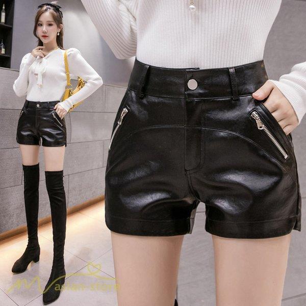 短パン ショーパン レディース レザーパンツ ホットパンツ ショートパンツ ハイウエスト カジュアルパンツ 革パンツ 裾口スリット Pu革 ポケット ボタン Caiyu Juan Co 通販 Yahoo ショッピング