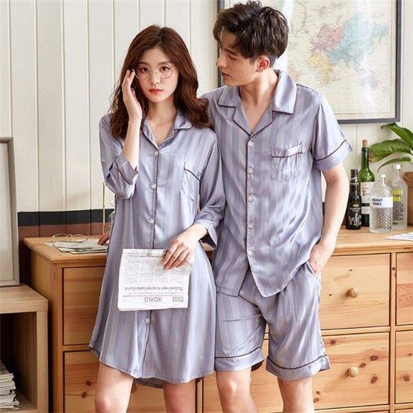 パジャマ ペア お揃い カップル ルームウェア レディース ロングワンピース ご夫婦 半袖tシャツ パンツセット メンズ 寝巻き ワンピ ストライプ柄 部屋着 寝間着 Xrxcaiy Juan Co 通販 Yahoo ショッピング