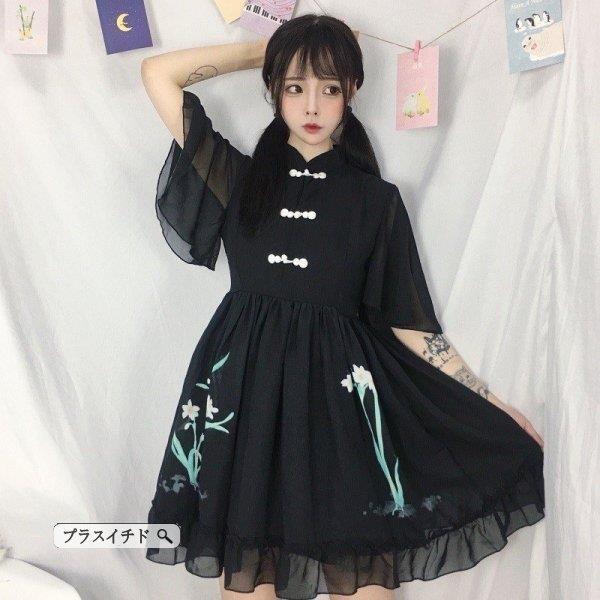 チャイナ風 ブラック ワンピース 華ロリ 中華 ロリータ ロリィタ服 水仙 刺繍 フリーサイズ ゆったり 大きめ かわいい 撮 Xrxcaiy Juan Co 通販 Yahoo ショッピング