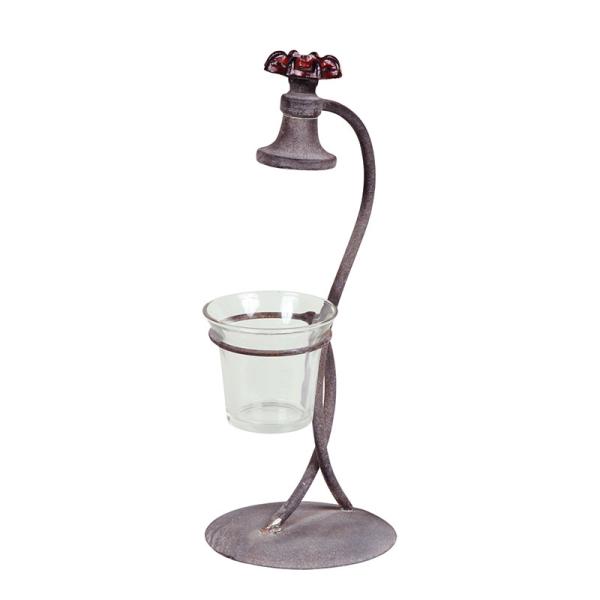 水栓とシャワーヘッドが付いたキャンドルホルダー。サイズ：幅13×高さ33×奥行13cm/ガラス直径9(5.5)×高さ7.5cm(内径底4.5cm)　材質：アイアン・ガラス　製造：中国　ガラスホルダー付フラワーベースやとしてやポットホルダーと...