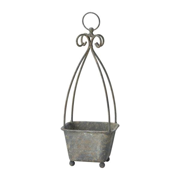 ブロカント調アイアンハンギングポット。吊り鉢としても置き鉢としても利用できます。サイズ：幅14.7×奥行14.7×長さ41cm／カップ幅13.5×奥行13.5×高さ10.5cm　底穴あり　材質：アイアンアンティーク仕様宅配サイズ：M