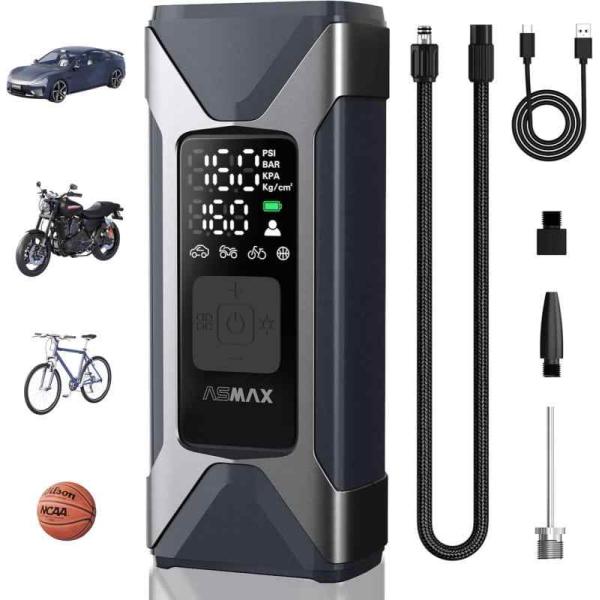 ASMAX T10 電動空気入れ 自転車・バイク・車対応 最大160PSI 2500mAh×3大容量バッテリー 設定記憶 デュアルディスプレイ 空気圧