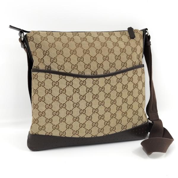GUCCI グッチ バッグ GGショルダーバッグ ベージュ/ダークブラウン キャンバス/レサ ﾊﾞｯｸﾞ 145857 ショルダーバッグ
 GGキャンバス/レザー ベージュ/ダークブラウン ユニセックス【中古】460 GUCCI（グッチ） ショルダーバッグ GG キャンバス レザー ベージュ
