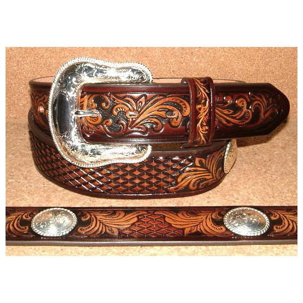 【美品】トニーラマ　ウエスタンベルト　コンチョ　レザー　唐草模様　編み込み　茶色 美品】トニーラマ ウエスタンベルト コンチョ レザー 唐草模様