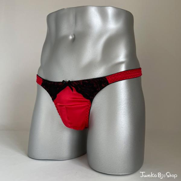 メンズ体型用ショーツ スキャンティーレッド　サテン　レース　Tバック 男性用女性下着 日本製 ネコポス便可