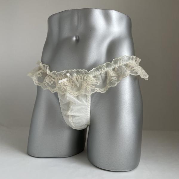 男性用スキャンティー Ｔバック クリーム フリル レース  日本製 Ｍ Ｌ XL 可愛い エレガント セクシーメンズショーツ 男性用パンティ ネコポス便可