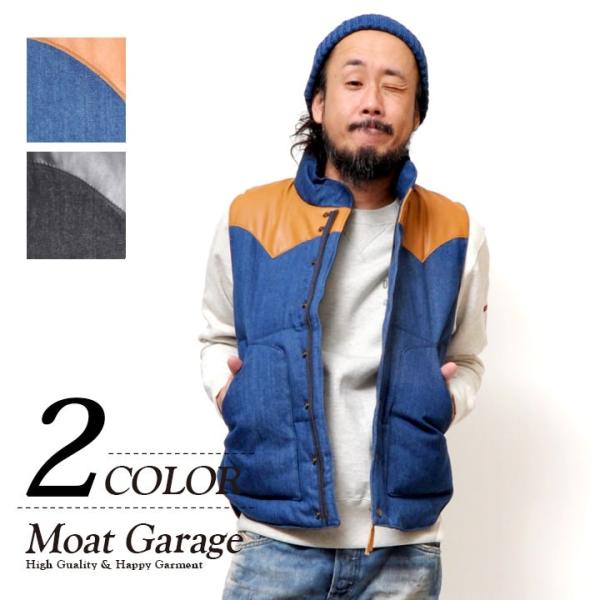 ヨークレザーデニムダウンベスト メンズ 春秋冬 インディゴ ブラック M Xl Vest Moat Garage モートガレージ 通販 Yahoo ショッピング