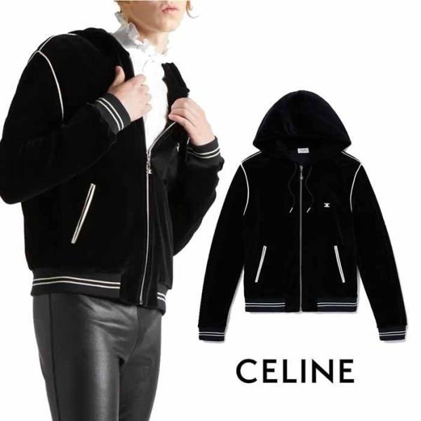 セリーヌ CELINE ロゴ 刺繍入り ヴェロア ジップパーカー 2Y143679I.38NO ブラック